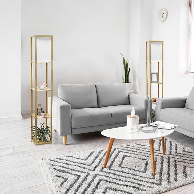 Simple Designs LF1014-TAN Etagere Organizer Storage Shelf Linen Shade Floor Lamp, Tan - LeafyLoom
