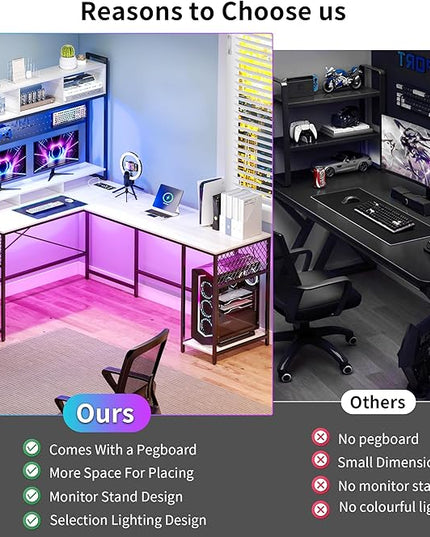 Lvifur 67” L Shaped Desk with Wireless Charging Station,24-Color RGB Dimmable Computer Desk with Pegboard,Gaming Desk with Monitor Stand, Display Stand,Human Sensor Lights for Home Office - LeafyLoom