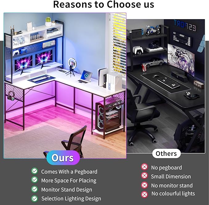 Lvifur 67” L Shaped Desk with Wireless Charging Station,24-Color RGB Dimmable Computer Desk with Pegboard,Gaming Desk with Monitor Stand, Display Stand,Human Sensor Lights for Home Office - LeafyLoom