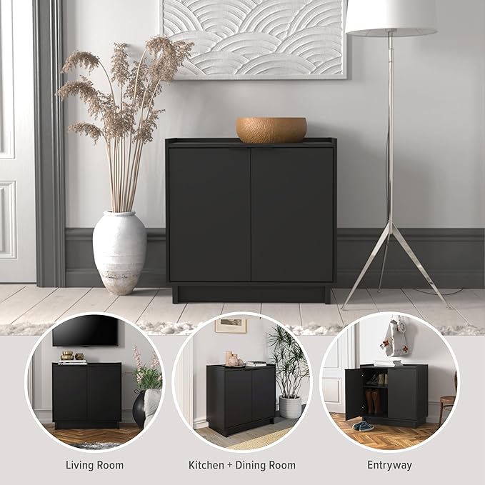 Prepac Simply Modern 2 Console Table Doors and Shelves, Buffet Cabinet with Storage, 30.75" W x 30" H x 16" D, Black - LeafyLoom