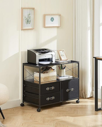 VECELO Fabric Lateral Filing Cabinet Rolling Printer Fits Letter Size, 3 Drawers Mobile Stand with Open Storage Shelf,for Home Office,Vintage Black - LeafyLoom