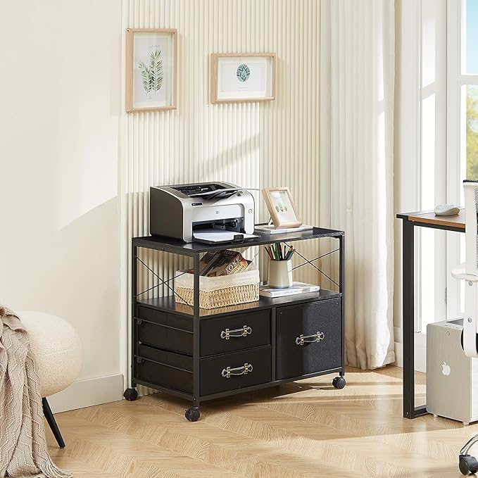VECELO Fabric Lateral Filing Cabinet Rolling Printer Fits Letter Size, 3 Drawers Mobile Stand with Open Storage Shelf,for Home Office,Vintage Black - LeafyLoom