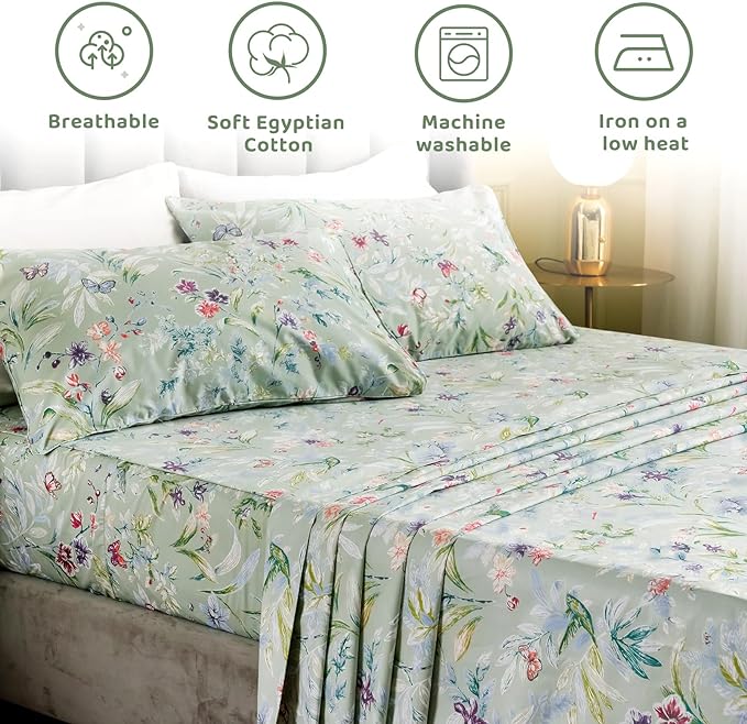 QSH 100% Egyptian Cotton Cal King Sheets, Green Flower Bird Butterfly Pattern Luxury Cotton Printed Flower California King Bedding Sheets, 4pcs Deep Pocket California King Floral Bed Sheet Set - LeafyLoom