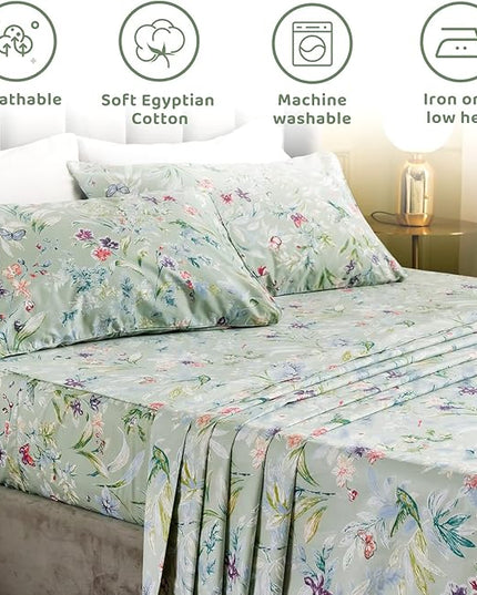 QSH Green Floral Queen Size Sheet Sets - Green Flower Bird Butterfly Print Botanical Bedding Egyptian Cotton Printed Sheets Queen Size Bed Extra Soft and Breathable 17.5" Deep Pockets Bed Sheets 4pcs - LeafyLoom