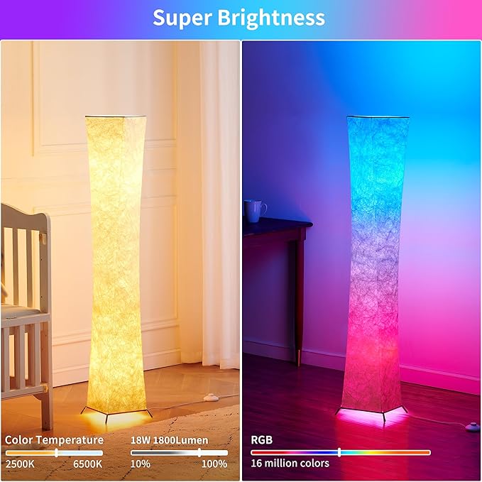 chiphy Floor Lamp, RGB 52'' Standing Lamps, 7 Colors Changing and Dimmable LED Bulbs, Remote Control and White Fabric Shade, Modern for Bedroom, Living Room and Play Room - LeafyLoom