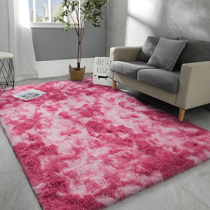5x8 Large Area Rugs for Living Room, Super Soft Fluffy Modern Bedroom Rug, Tie-Dyed Blush Pink Indoor Shag Fuzzy Carpets for Girls Kids Nursery Room Home Decor - LeafyLoom