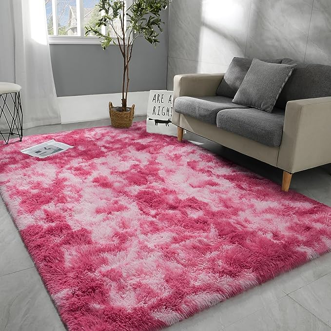 6x9 Large Area Rugs for Living Room, Super Soft Fluffy Modern Bedroom Rug, Tie-Dyed Blush Pink Indoor Shag Fuzzy Carpets for Girls Kids Nursery Room Home Decor - LeafyLoom