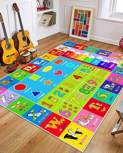 Kids Alphabet Play Game Rug - 5'x7' ABC Numbers and Shapes Educational Learning Toddler Carpet - Kids Room Playroom Classroom Kindergarten Activity Fun Soft Non-Slip Mat - LeafyLoom