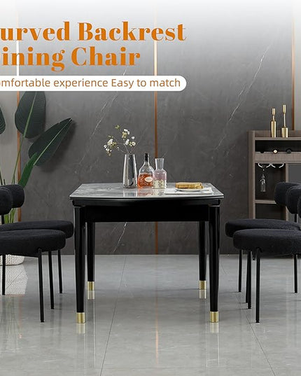 DYHOME Black Dining Chairs Set of 2, Mid-Century Modern Dining Chairs, Kitchen Dining Room Chairs, Curved Backrest Round Upholstered Boucle Sherpa Dining Chair with Black Metal Legs - LeafyLoom