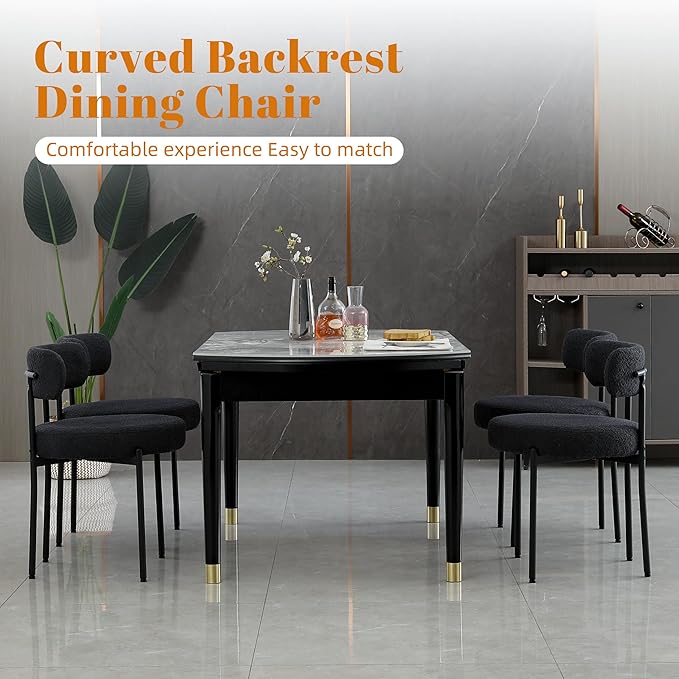 DYHOME Dining Chairs Set of 6,Black Boucle Dining Chairs Curved Backrest with Black Metal Legs,Kitchen Dining Room Chairs Upholstered Modern Sherpa Dining Chairs - LeafyLoom