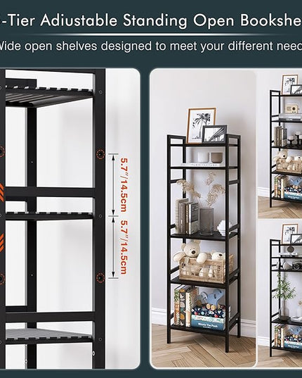 5 Tier Narrow Bookshelf, Bamboo Bookcase, Slim Tall Storage Rack Free Standing Shelving Unit with Adjustable Shelves for Living Room Bedroom Bathroom, Black - LeafyLoom