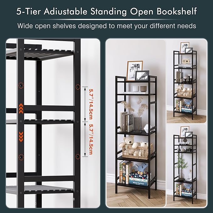 5 Tier Narrow Bookshelf, Bamboo Bookcase, Slim Tall Storage Rack Free Standing Shelving Unit with Adjustable Shelves for Living Room Bedroom Bathroom, Black - LeafyLoom