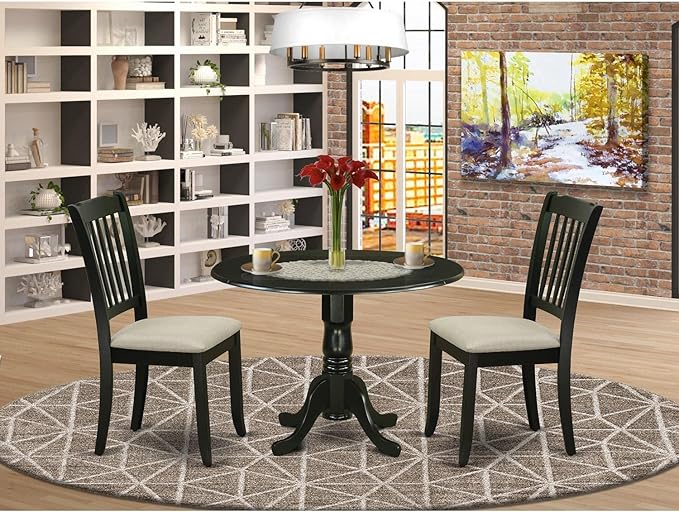 East West Furniture DLDA3-BLK-C Dublin 3 Piece Set Contains a Round Dining Room Table with Dropleaf and 2 Linen Fabric Upholstered Kitchen Chairs, 42x42 Inch, Black - LeafyLoom