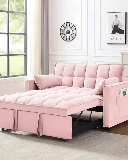 55" 3 in 1 Convertible Loveseat Futon Sofa Couch of Mordern Velvet w/Pullout Bed, Small Love Seat Lounge Sleeper w/Reclining Backrest, Toss Pillows, Pockets, Furniture for Living Room Bed - LeafyLoom