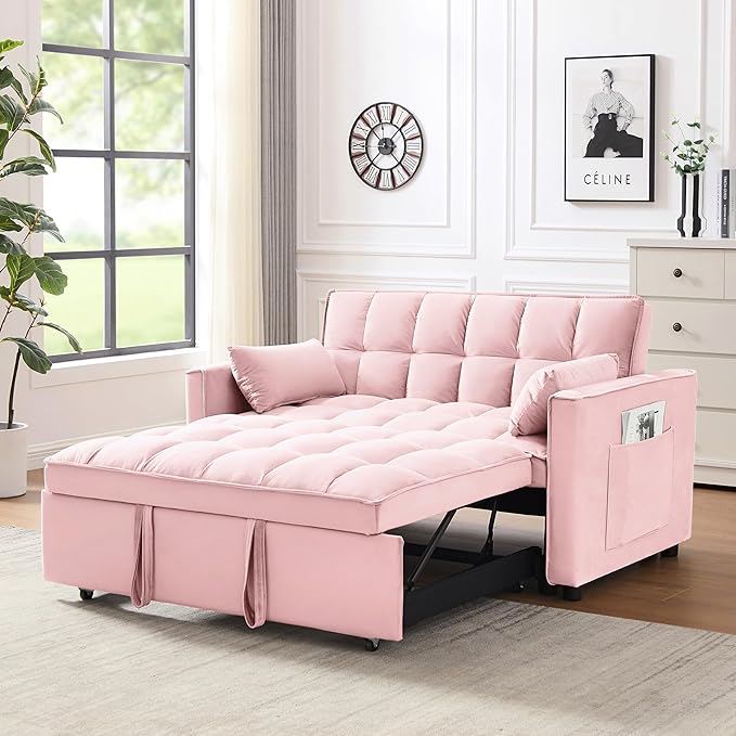 55" 3 in 1 Convertible Loveseat Futon Sofa Couch of Mordern Velvet w/Pullout Bed, Small Love Seat Lounge Sleeper w/Reclining Backrest, Toss Pillows, Pockets, Furniture for Living Room Bed - LeafyLoom