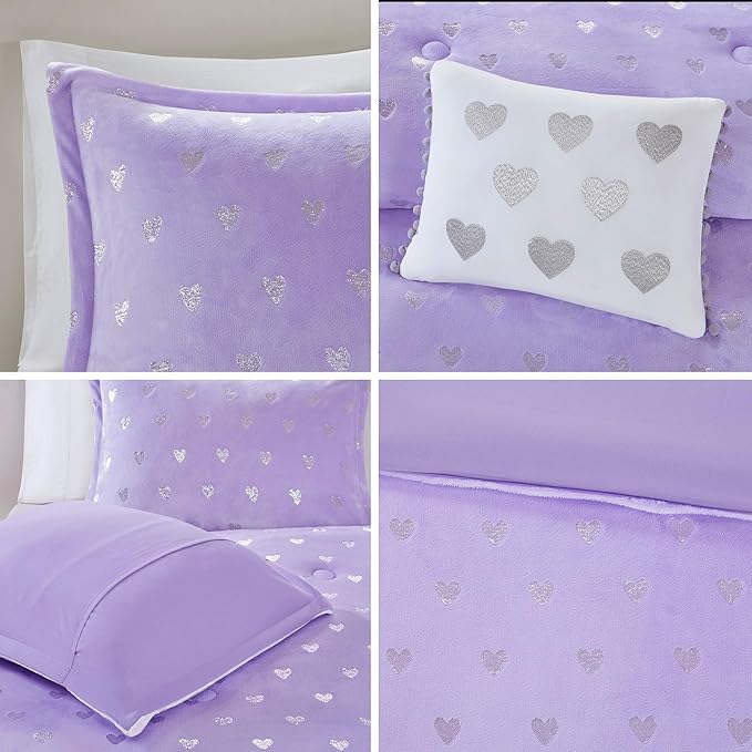 Mi Zone Rosalie Comforter Set for Girls, Ultra-Soft Microlight Plush Metallic Printed Hearts Brushed Reverse Overfilled Down Alternative Hypoallergenic All Season, Full/Queen, Purple/Silver, 4 Piece - LeafyLoom