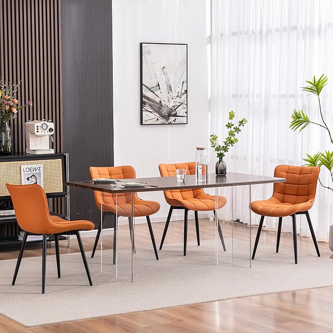 YOUTASTE Dining Chairs Set of 2, PU Leather Upholstered Modern Armless Dining Room Chair with Back Metal Legs, Kitchen Dinner Accent Guest Chairs for Vanity Reception Waiting Room,Orange Camel - LeafyLoom