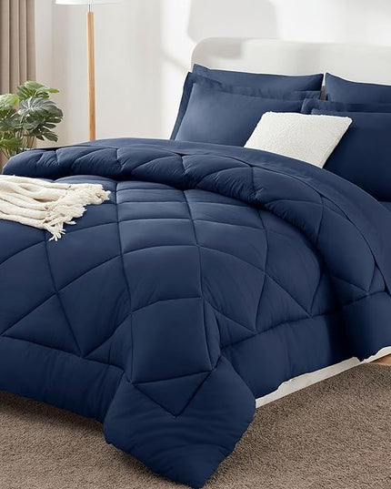 CozyLux Twin Bed in a Bag Comforter Set with Sheets 5 Pieces for Girls and Boys Navy Blue All Season Bedding Sets with Comforter, Pillow Sham, Flat Sheet, Fitted Sheet and Pillowcase - LeafyLoom