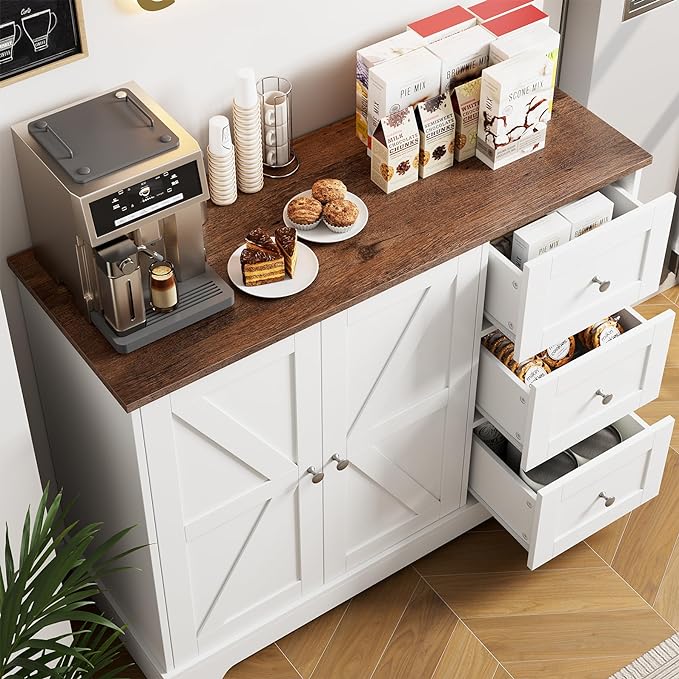 Farmhouse Buffet Cabinet with Storage, 41.3" Kitchen Cabinet with 3 Drawers and Shelves, Storage Cabinet or Kitchen, Home bar - LeafyLoom