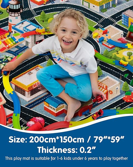 Car Mat for Kids Toy Cars 59X79 Inch Kids Rug,Car Rug Play Mat for Kids,Play Rug for Kids Playroom Bedroom,Road Traffic Kids Play Area Rug Non-Slip Backing, Kids Carpet Playmat Toddler Boys,Children - LeafyLoom