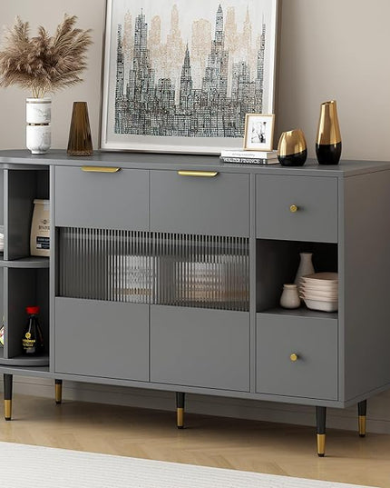 51.1" Rotating Storage Cabinet Sideboard with 2 Doors of Tempered Changhong Glass and 2 Drawers,Wooden Console Table,w/Built-in Shelves & Turntable,for Living Room,Gray - LeafyLoom