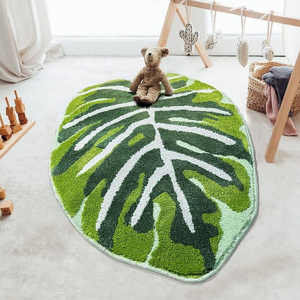 Kids Rug Green Leaf Area Rug for Nursery Cute Bath Mat Non Slip Small Preppy Carpet for Bedroom Bathroom Children Playroom Boho Home Decor Washable 2.6'x4' - LeafyLoom