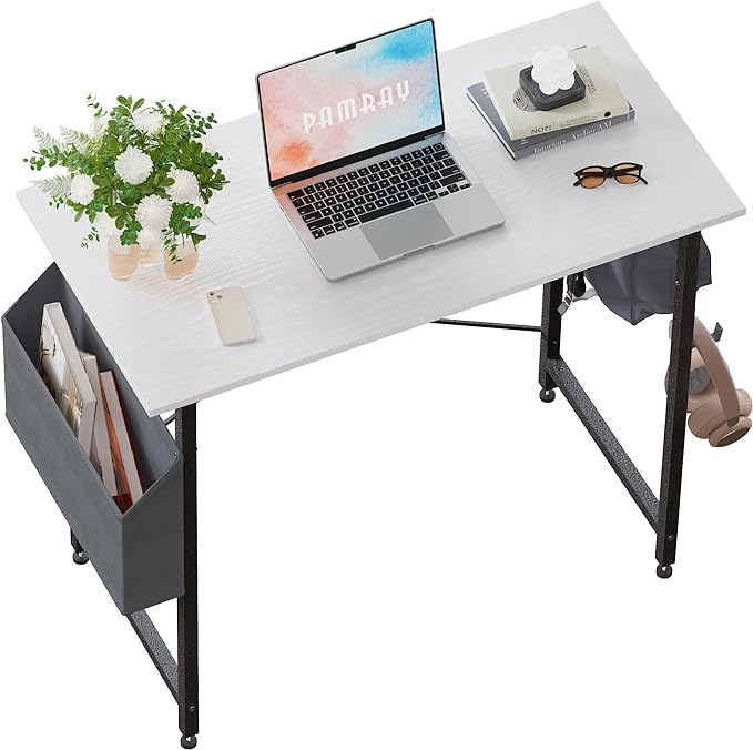 Pamray 32 Inch Computer Desk for Small Spaces with Storage Bag, Home Office Work Desk with Headphone Hook, Small Office Desk Study Writing Table - LeafyLoom