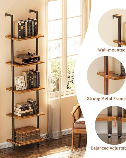 SUPERJARE 5-Tier Bookshelf, Narrow Book Shelf Set of 2, Open Wall-Mounted Ladder Shelf with Metal Frame, Display Bookcase for Home Office, Bedroom, Rustic Brown - LeafyLoom