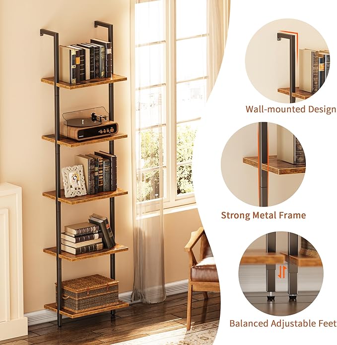 SUPERJARE 5-Tier Bookshelf, Narrow Book Shelf Set of 2, Open Wall-Mounted Ladder Shelf with Metal Frame, Display Bookcase for Home Office, Bedroom, Rustic Brown - LeafyLoom