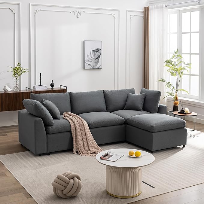 104.3" L-Shaped Convertible Sectional Sofa with Reversible Sleeper Chaise, Down Filled Upholstery Corner Couch w/Armrest for Living Room, Apartment, Office, Dark Gray, 104.3 Inch - LeafyLoom