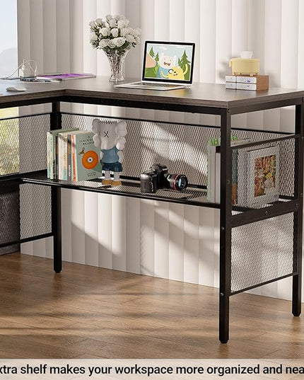 Reversible L Shaped Gaming Desk with Magic Power Outlets, 55 Inch Large Corner Computer Desk, Sturdy Home Office Table with Storage Shelf, Attractive Grid Design Writing Desk, Oak Walnut - LeafyLoom