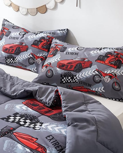 beeweed 2 Piece Kid Comforter Set Twin Size, Racing Car Bedding Set for Teen Boys Girls - LeafyLoom