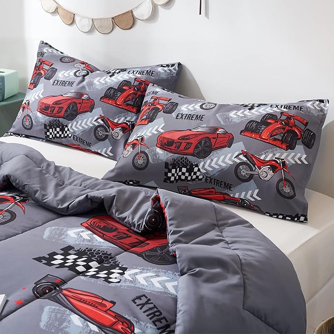 beeweed 2 Piece Kid Comforter Set Twin Size, Racing Car Bedding Set for Teen Boys Girls - LeafyLoom