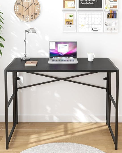 Folding Small Computer Desk, Foldable Space-Saving Home Office Table, Simple Study Writing Gaming Workstation for Small Space, No Assembly Needed, Black - LeafyLoom