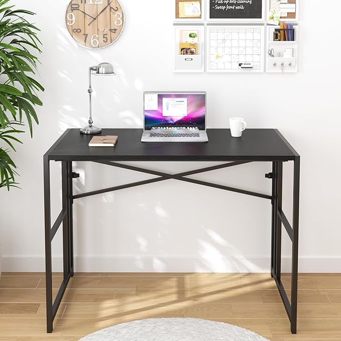 Folding Small Computer Desk, Foldable Space-Saving Home Office Table, Simple Study Writing Gaming Workstation for Small Space, No Assembly Needed, Black - LeafyLoom