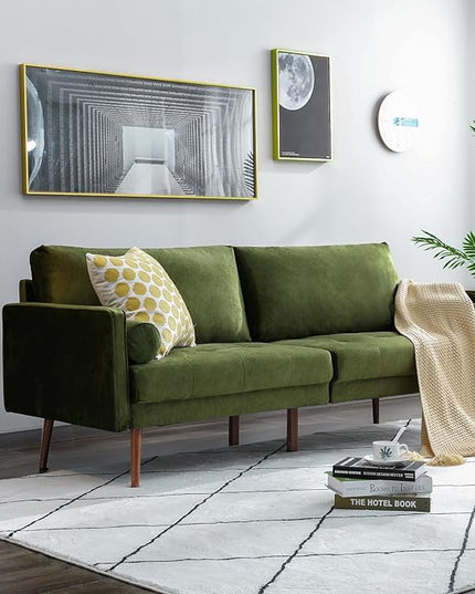 Vonanda Velvet Sofa Couch, Mid Century Modern Craftsmanship 73 inch 3-Seater Sofa with Comfy Tufted Back Cushions and 2 Bolster Pillows for Compact Living Room, Elegant Mustard Green - LeafyLoom