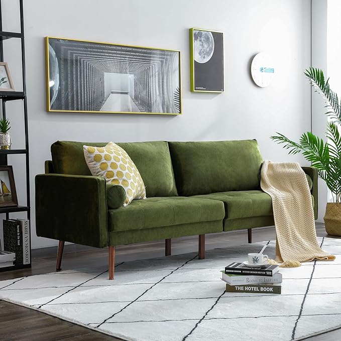 Vonanda Velvet Sofa Couch, Mid Century Modern Craftsmanship 73 inch 3-Seater Sofa with Comfy Tufted Back Cushions and 2 Bolster Pillows for Compact Living Room, Elegant Mustard Green - LeafyLoom