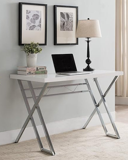KB Designs - Modern Home Office Workstation Computer Desk, White/Chrome - LeafyLoom