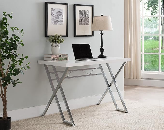 KB Designs - Modern Home Office Workstation Computer Desk, White/Chrome - LeafyLoom