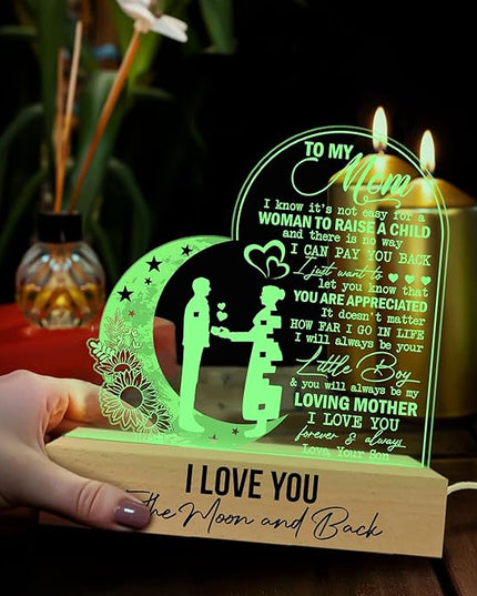 Mom 3D Illusion Lamp w/Wooden Base USB Powered, Mom Acrylic Night Light, to My Mom Gift from Daughter, Bonus Mom Stepmom Gift, Lamp Present for Mom Mother, Gift for Birthday Mothers Day - LeafyLoom