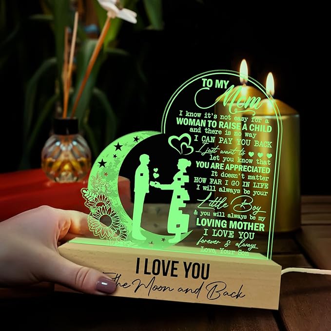 Mom 3D Illusion Lamp w/Wooden Base USB Powered, Mom Acrylic Night Light, to My Mom Gift from Daughter, Bonus Mom Stepmom Gift, Lamp Present for Mom Mother, Gift for Birthday Mothers Day - LeafyLoom