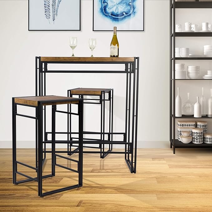 Atlantic Urban Dining Set, Bar Height Table and 2 Stools, 3 Piece Set. Woodgrain & Black PN 82008132 - LeafyLoom