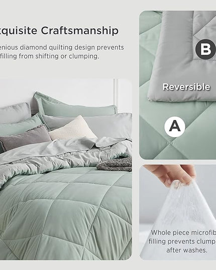 Bedsure Sage Green Twin Comforter Sets - 5 Pieces Reversible Twin Bedding Sets for College, Sage Green Extra Long Bed Set Twin with Comforters, Sheets, Pillowcase & Sham - LeafyLoom