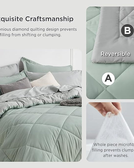 Bedsure Sage Green Full Comforter Set - 7 Pieces Reversible Bed Set Sage Green Bed in a Bag Full with Comforters, Sheets, Pillowcases & Shams, Full Bedding Sets - LeafyLoom