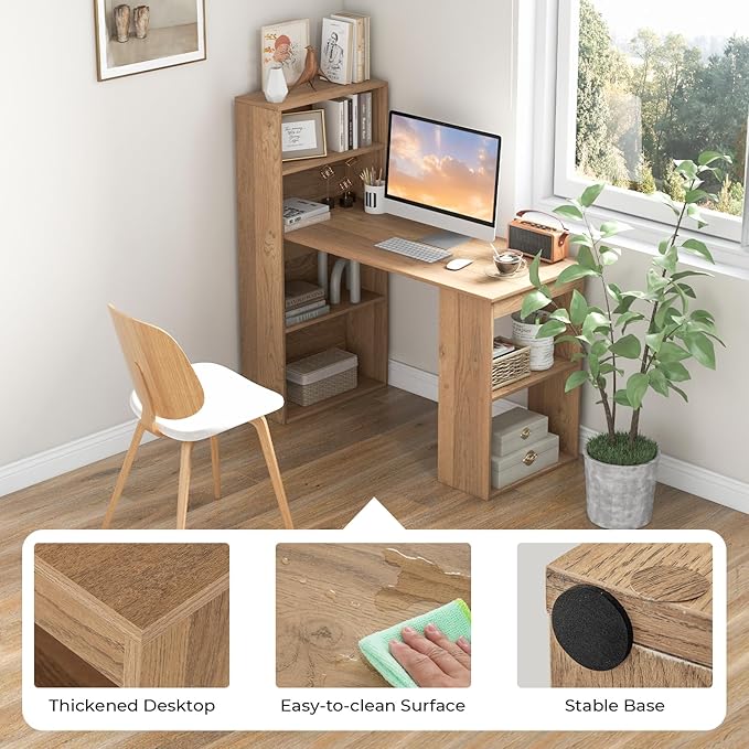 Computer Desk with Shelves, Natural - LeafyLoom