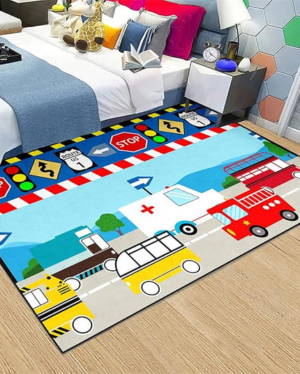 Cartoon Ambulance Car Area Rug Car Carpet for Kids Play Rug for Cars and Trucks Car Rug Play Mat Car Track Rug Truck Rugs for Boys Room Rugs for Boys Bedroom,Light Blue 3'×4' - LeafyLoom