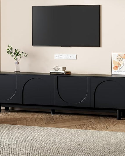Merax Graceful TV Stand with Arch Cabinets for Televisions Up to 78'', Minimalist Entertainment Center with Solid Wood Legs and Adjustable Shelves, Practical Media Console for Living Room, Black - LeafyLoom