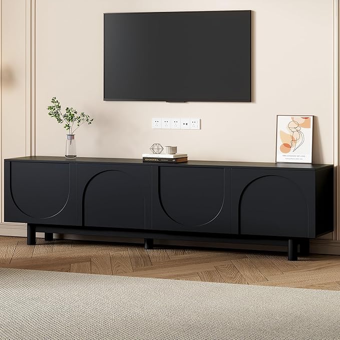 Merax Graceful TV Stand with Arch Cabinets for Televisions Up to 78'', Minimalist Entertainment Center with Solid Wood Legs and Adjustable Shelves, Practical Media Console for Living Room, Black - LeafyLoom