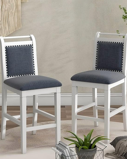 Dining Room Table Set for 2, 3-Piece Wood Counter Height Dining Table Set with Drop Leaf and 2 Upholstered Dining Chairs for Small Place, White+Grey - LeafyLoom