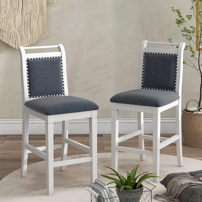Dining Room Table Set for 2, 3-Piece Wood Counter Height Dining Table Set with Drop Leaf and 2 Upholstered Dining Chairs for Small Place, White+Grey - LeafyLoom
